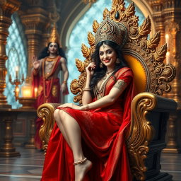 A stunning divine Hindu devi with beautifully glowing milk-like skin, wearing an exquisite red saree, sitting seductively on an ornate divine throne