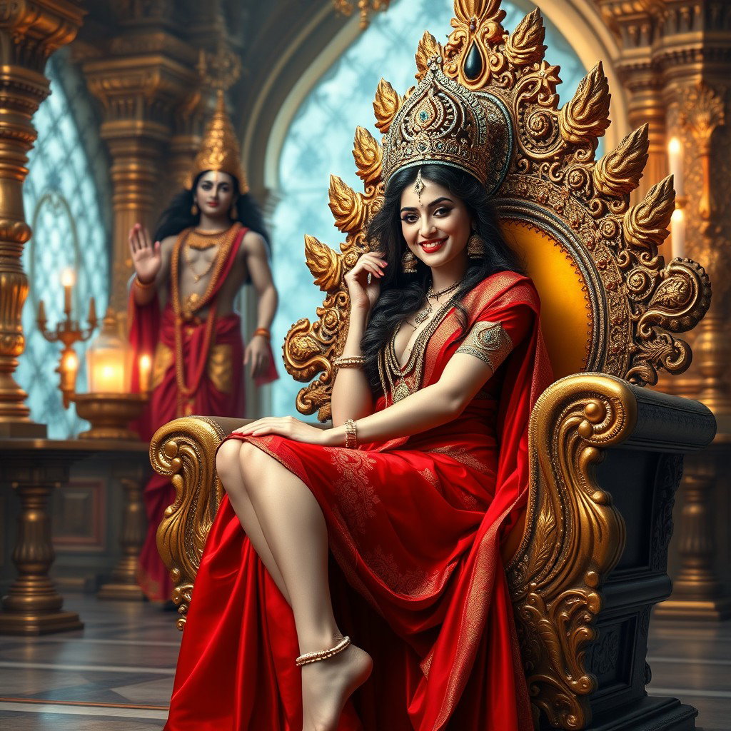 A stunning divine Hindu devi with beautifully glowing milk-like skin, wearing an exquisite red saree, sitting seductively on an ornate divine throne