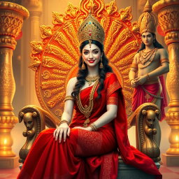 A stunning divine Hindu devi with beautifully glowing milk-like skin, wearing an exquisite red saree, sitting seductively on an ornate divine throne