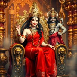 A stunning divine Hindu devi with beautifully glowing milk-like skin, wearing an exquisite red saree, sitting seductively on an ornate divine throne
