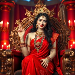 A stunning divine Hindu devi with beautifully glowing milk-like skin, wearing an exquisite red saree, sitting seductively on an ornate divine throne