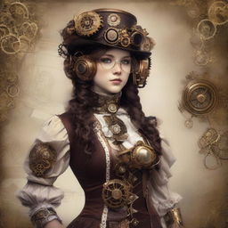 A girl dressed in intricate steampunk fashion, adorned with gears, goggles, and Victorian-era garments.