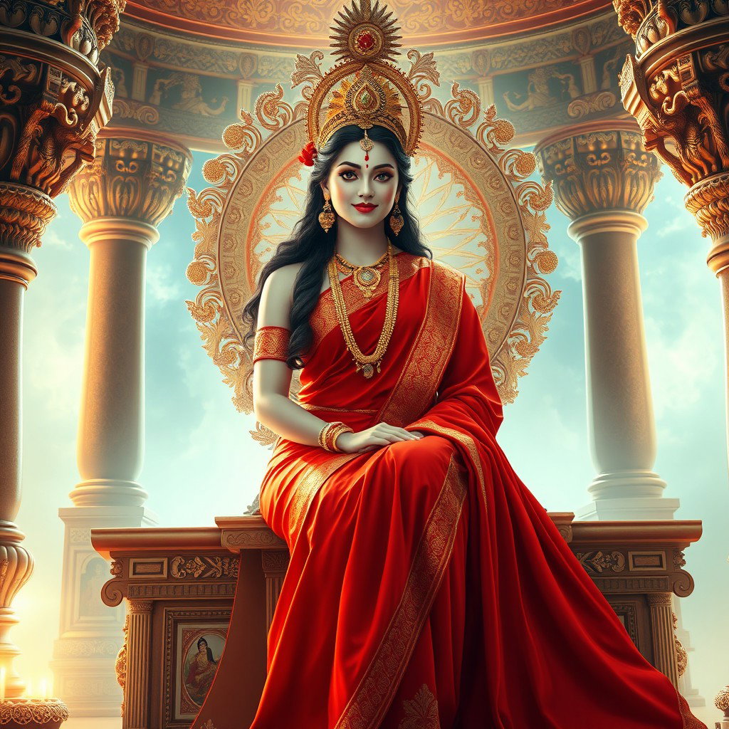 A beautiful divine woman with milk-glow skin, representing a Hindu deity, wearing a stunning red saree