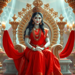 A beautiful divine woman with milk-glow skin, representing a Hindu deity, wearing a stunning red saree
