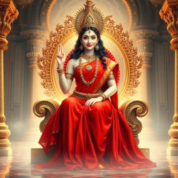 A beautiful divine woman with milk-glow skin, representing a Hindu deity, wearing a stunning red saree