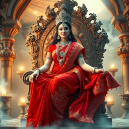 A beautiful divine woman with milk-glow skin, representing a Hindu deity, wearing a stunning red saree