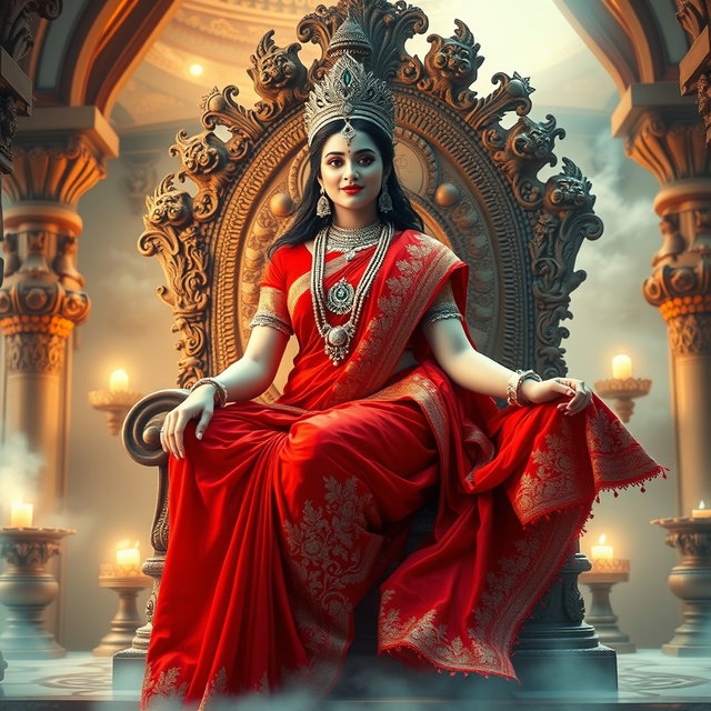 A beautiful divine woman with milk-glow skin, representing a Hindu deity, wearing a stunning red saree