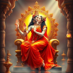 A beautiful divine woman with milk-glow skin, representing a Hindu deity, dressed in a vibrant red saree