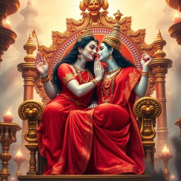 A beautiful divine woman with milk-glow skin, representing a Hindu deity, dressed in a vibrant red saree
