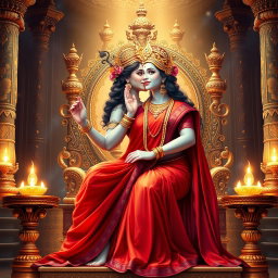 A beautiful divine woman with milk-glow skin, representing a Hindu deity, dressed in a vibrant red saree