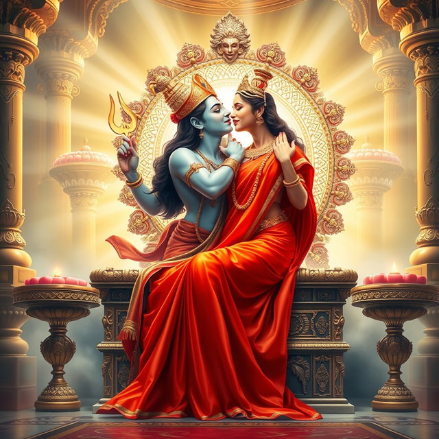 A beautiful divine woman with milk-glow skin, representing a Hindu deity, dressed in a vibrant red saree