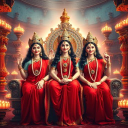 Three beautiful divine women with milk-glow skin, representing Hindu deities, each wearing vibrant red sarees