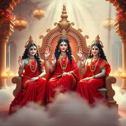 Three beautiful divine women with milk-glow skin, representing Hindu deities, each wearing vibrant red sarees