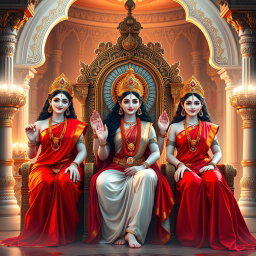 Three beautiful divine women with milk-glow skin, representing Hindu deities, each wearing vibrant red sarees
