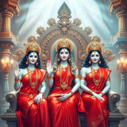 Three beautiful divine women with milk-glow skin, representing Hindu deities, each wearing vibrant red sarees