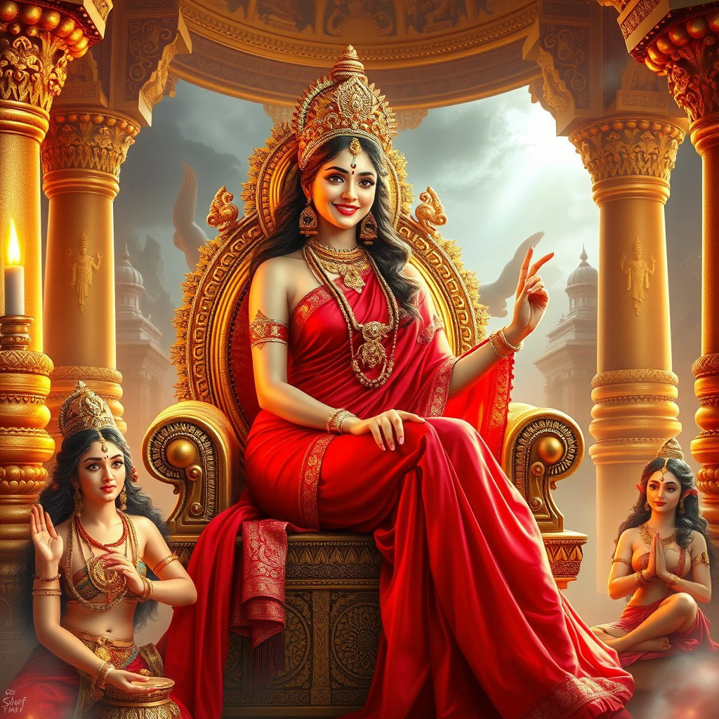 A stunningly beautiful goddess with radiant milk-glow skin, adorned in an elegant red saree, smiling seductively while sitting gracefully on a majestic divine throne within an opulent palace
