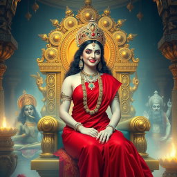 A stunningly beautiful goddess with radiant milk-glow skin, adorned in an elegant red saree, smiling seductively while sitting gracefully on a majestic divine throne within an opulent palace