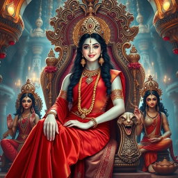 A stunningly beautiful goddess with radiant milk-glow skin, adorned in an elegant red saree, smiling seductively while sitting gracefully on a majestic divine throne within an opulent palace