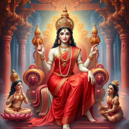 A stunningly beautiful goddess with radiant milk-glow skin, adorned in an elegant red saree, smiling seductively while sitting gracefully on a majestic divine throne within an opulent palace