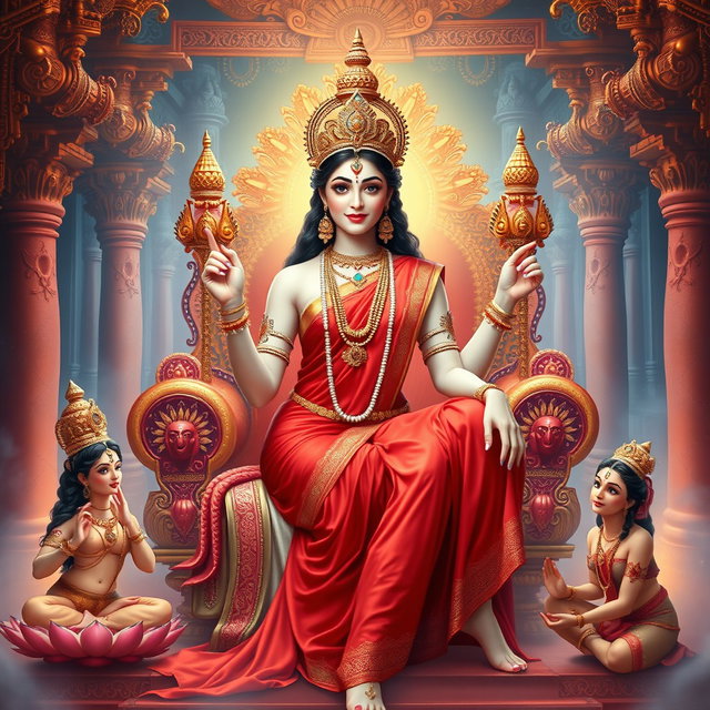 A stunningly beautiful goddess with radiant milk-glow skin, adorned in an elegant red saree, smiling seductively while sitting gracefully on a majestic divine throne within an opulent palace