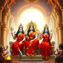 A breathtaking scene featuring three beautiful Hindu goddesses with luminous milk-glow skin, each dressed in exquisite red sarees, radiating confidence and charm as they sit elegantly on a magnificent divine throne within a lavish palace