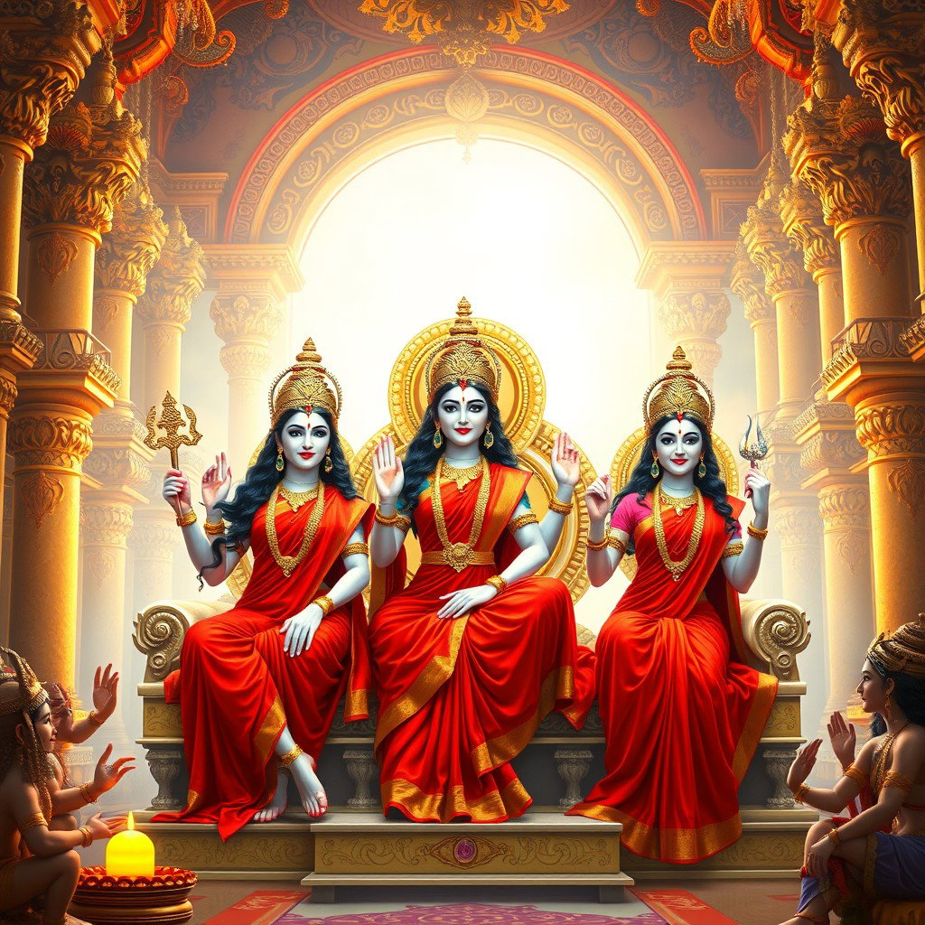 A breathtaking scene featuring three beautiful Hindu goddesses with luminous milk-glow skin, each dressed in exquisite red sarees, radiating confidence and charm as they sit elegantly on a magnificent divine throne within a lavish palace
