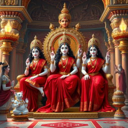 A breathtaking scene featuring three beautiful Hindu goddesses with luminous milk-glow skin, each dressed in exquisite red sarees, radiating confidence and charm as they sit elegantly on a magnificent divine throne within a lavish palace