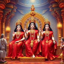 A breathtaking scene featuring three beautiful Hindu goddesses with luminous milk-glow skin, each dressed in exquisite red sarees, radiating confidence and charm as they sit elegantly on a magnificent divine throne within a lavish palace