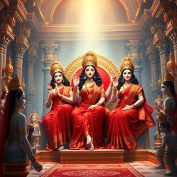 A breathtaking scene featuring three beautiful Hindu goddesses with luminous milk-glow skin, each dressed in exquisite red sarees, radiating confidence and charm as they sit elegantly on a magnificent divine throne within a lavish palace