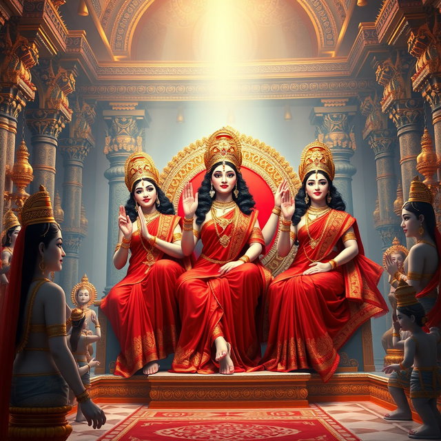 A breathtaking scene featuring three beautiful Hindu goddesses with luminous milk-glow skin, each dressed in exquisite red sarees, radiating confidence and charm as they sit elegantly on a magnificent divine throne within a lavish palace