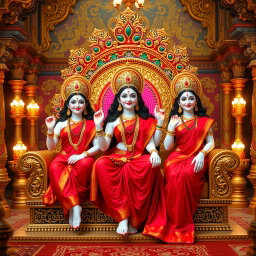 A captivating scene featuring three stunning Hindu goddesses with luminous milk-glow skin, each dressed in vibrant red sarees, radiating beauty and charm as they sit gracefully on an ornate divine throne within a grand palace in Swarglok