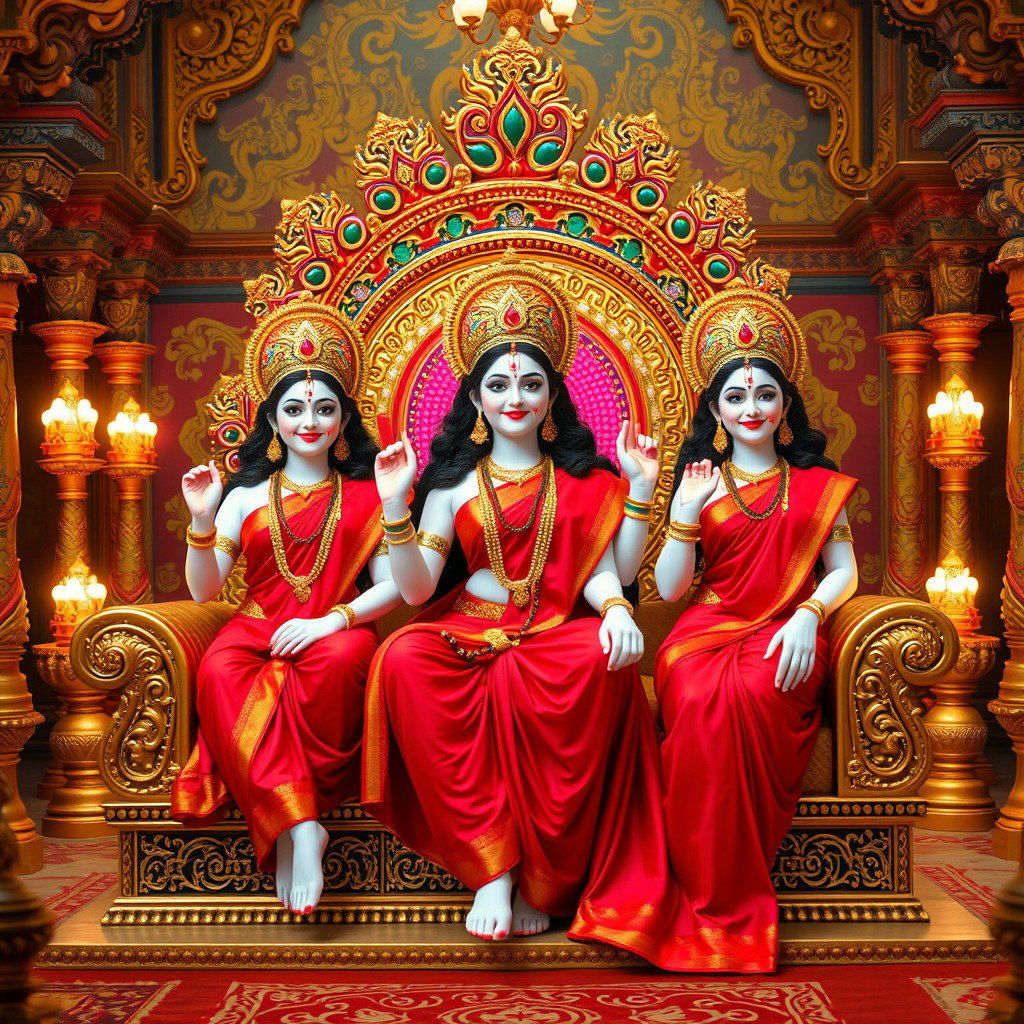 A captivating scene featuring three stunning Hindu goddesses with luminous milk-glow skin, each dressed in vibrant red sarees, radiating beauty and charm as they sit gracefully on an ornate divine throne within a grand palace in Swarglok