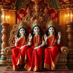 A captivating scene featuring three stunning Hindu goddesses with luminous milk-glow skin, each dressed in vibrant red sarees, radiating beauty and charm as they sit gracefully on an ornate divine throne within a grand palace in Swarglok