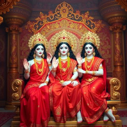 A captivating scene featuring three stunning Hindu goddesses with luminous milk-glow skin, each dressed in vibrant red sarees, radiating beauty and charm as they sit gracefully on an ornate divine throne within a grand palace in Swarglok