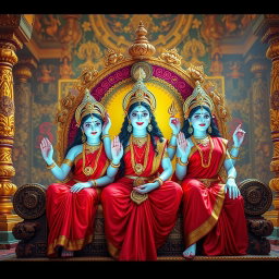 A captivating scene featuring three stunning Hindu goddesses with luminous milk-glow skin, each dressed in vibrant red sarees, radiating beauty and charm as they sit gracefully on an ornate divine throne within a grand palace in Swarglok