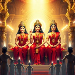 Three beautiful Hindu goddesses with radiant, glowing skin, wearing elegant red sarees, smiling enchantingly as they sit gracefully on a divine throne