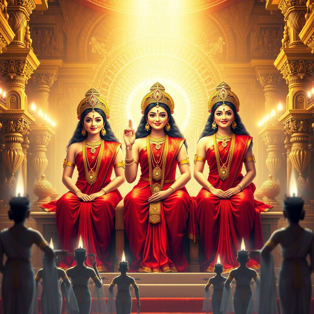 Three beautiful Hindu goddesses with radiant, glowing skin, wearing elegant red sarees, smiling enchantingly as they sit gracefully on a divine throne