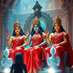 Three beautiful Hindu goddesses with radiant, glowing skin, wearing elegant red sarees, smiling enchantingly as they sit gracefully on a divine throne