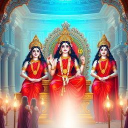 Three beautiful Hindu goddesses with radiant, glowing skin, wearing elegant red sarees, smiling enchantingly as they sit gracefully on a divine throne