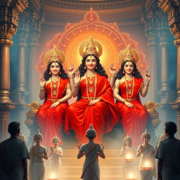 Three beautiful Hindu goddesses with radiant, glowing skin, wearing elegant red sarees, smiling enchantingly as they sit gracefully on a divine throne