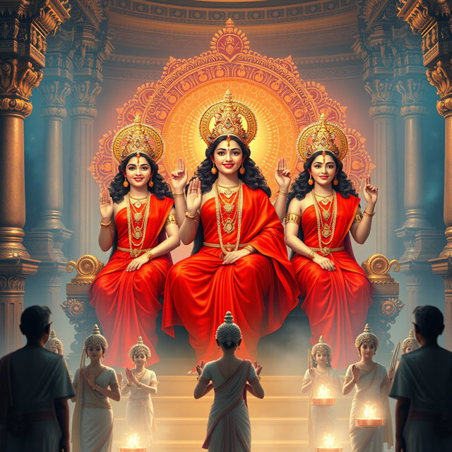 Three beautiful Hindu goddesses with radiant, glowing skin, wearing elegant red sarees, smiling enchantingly as they sit gracefully on a divine throne