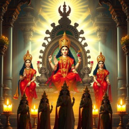 Three stunning Hindu goddesses with luminous, glowing skin, adorned in vibrant red sarees, smiling warmly as they sit elegantly upon a divine throne set in a magnificent palace