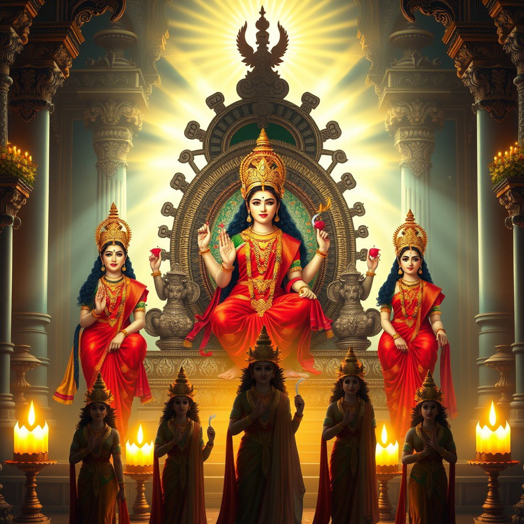 Three stunning Hindu goddesses with luminous, glowing skin, adorned in vibrant red sarees, smiling warmly as they sit elegantly upon a divine throne set in a magnificent palace