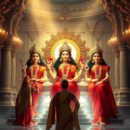 Three stunning Hindu goddesses with luminous, glowing skin, adorned in vibrant red sarees, smiling warmly as they sit elegantly upon a divine throne set in a magnificent palace