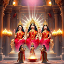 Three stunning Hindu goddesses with luminous, glowing skin, adorned in vibrant red sarees, smiling warmly as they sit elegantly upon a divine throne set in a magnificent palace