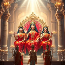 Three stunning Hindu goddesses with luminous, glowing skin, adorned in vibrant red sarees, smiling warmly as they sit elegantly upon a divine throne set in a magnificent palace