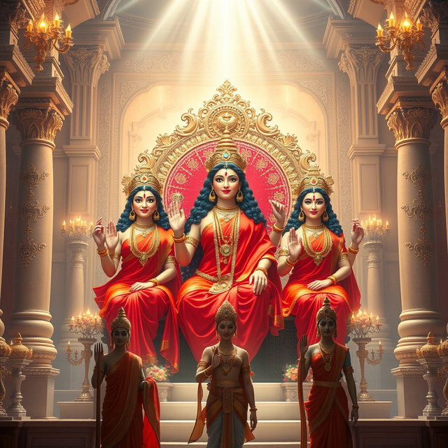 Three stunning Hindu goddesses with luminous, glowing skin, adorned in vibrant red sarees, smiling warmly as they sit elegantly upon a divine throne set in a magnificent palace