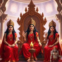 Three exquisite Hindu goddesses with divine, glowing skin, elegantly dressed in rich red sarees, smiling joyfully as they sit gracefully on a majestic throne within a stunning palace