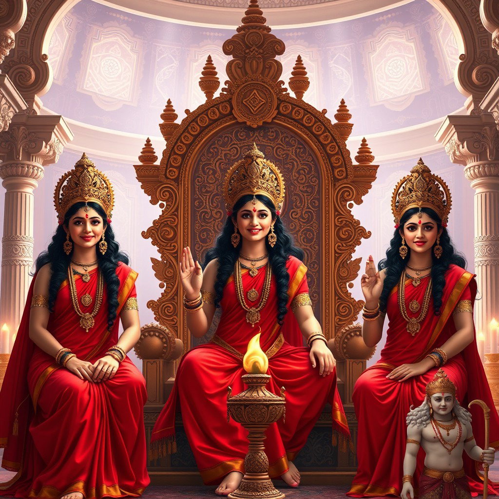 Three exquisite Hindu goddesses with divine, glowing skin, elegantly dressed in rich red sarees, smiling joyfully as they sit gracefully on a majestic throne within a stunning palace