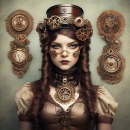 A girl dressed in intricate steampunk fashion, adorned with gears, goggles, and Victorian-era garments.